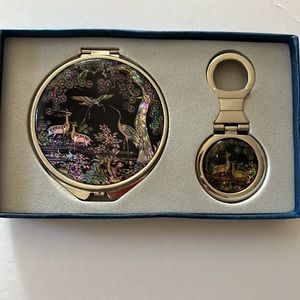 New Vintage Korean Asian silver mirror compact key chain set with deer & forest